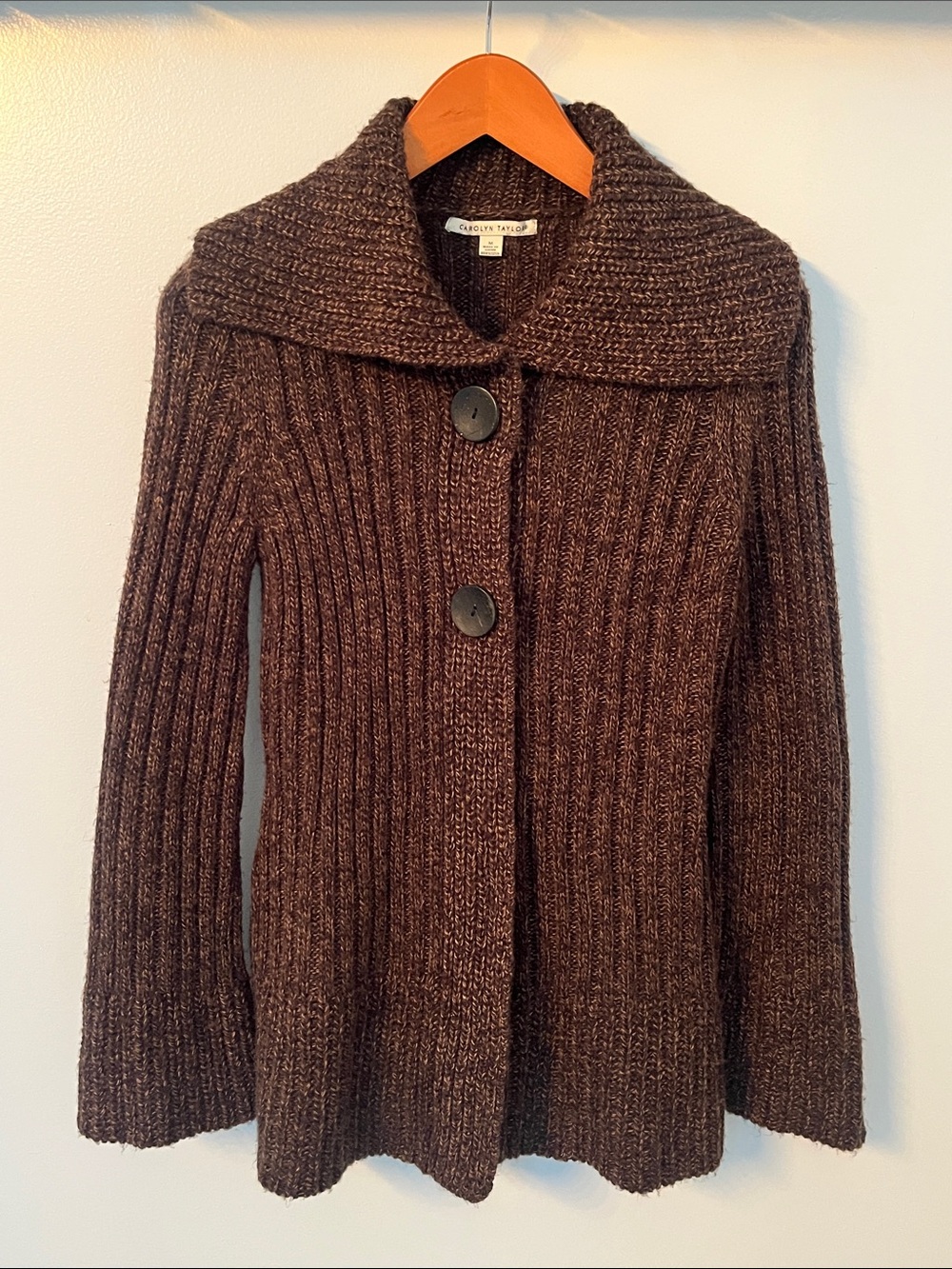 Carolyn Taylor Ribbed Shawl-Collar Cardigan in Dark Brown